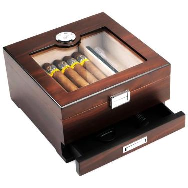Imagem de Umidor para Charutos Bald Eagle, Feito à Mão em Cedro com Umidificador e Higrômetro, Com Gaveta para Acessórios e Capacidade para 30-35