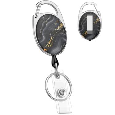 Imagem de Uniclife Carretel de crachá retrátil para porta-crachás com estampa de mármore preto, porta-chaves retráteis, revestimento forte de ABS