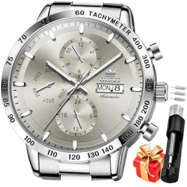 Imagem de OLEVS Relógio masculino automático de aço inoxidável esqueleto mecânico à prova d'água luminoso com corda automática diamante masculino, G6683: cinza, G6683: Gray, relógio masculino