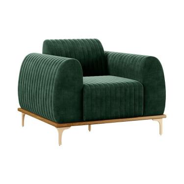 Imagem de Poltrona Decorativa Sala De Estar Base De Madeira Euro Veludo Verde