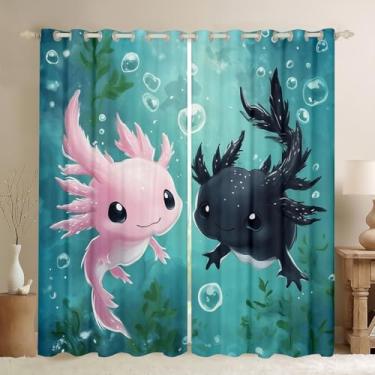 Imagem de Erosebridal Axolote rosa preto 132 cm L x 84 C cortinas blackout para meninas, meninos, desenhos animados, crianças, cortinas de janela fofas salamandra vida selvagem cortinas e cortinas oceânicas