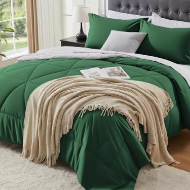 Imagem de BEDELITE Conjunto de edredom Queen com 7 peças – Conjunto de cama de microfibra macia reversível verde-escuro com edredom, lençóis, fronhas e fronhas, conjunto de cama luxuoso aconchegante para todas