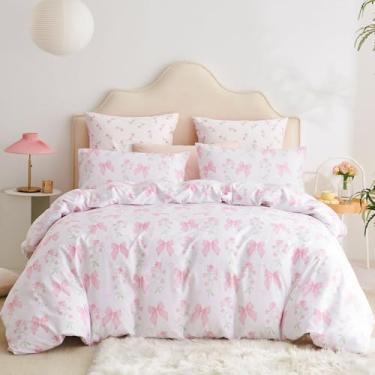 Imagem de Jolusere Conjunto de capa de edredom floral rosa completo para meninas, estilo princesa romântica, laço, ultramacia, reversível, jardim, flor, edredom com fecho de zíper, 3 peças