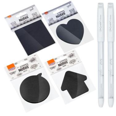 Imagem de Kit 04 Blocos Adesivo Preto 70x70mm 50 Folhas + 02 Caneta Branca Gel 1