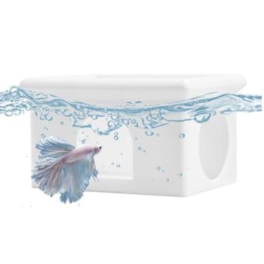 Imagem de VOXGET Rede flutuante para peixes Betta, casa de caverna para aquário, alimentador de camarão Betta impresso em 3D e brinquedos de caverna de esconderijo, decoração de anel de alimentação de aquário