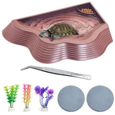 Imagem de BNOSDM Tartaruga piscina profunda 6 peças tartaruga marrom comida tigela de água com rampa folha réptil banheira prato de imersão para caixa tartaruga vermelha pé tartaruga dragão barbudo sapo lagarto