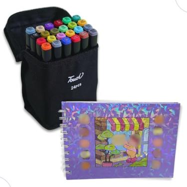 Imagem de Kit 24 Canetinhas Coloridas de Ponta Dupla + 1 Livro de Colorir com 48 Folhas Papel Grosso Capa Dura Brilhante Holográfica vem com folha protetora de acetato (Roxo)