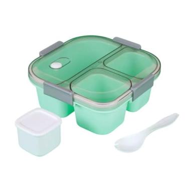 Imagem de Kit Marmiteira com 3 Compartimentos, 1200ml, Material PS/PP/Silicone, Cores Sortidas, Tampa Vedante, Talher Incluso, 19,5x19,5x6cm