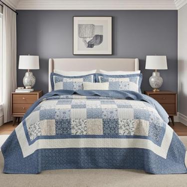 Imagem de SahSahCasa Conjunto de colcha listrada California King extragrande de 304,8 cm x 304,8 cm, 100% algodão, colcha acolchoada extra grande, colcha de cama GG, edredom leve, azul/branco