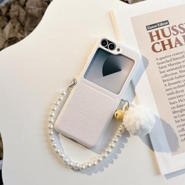 Imagem de Capa articulada em couro genuíno com estampa de lichia para Samsung Z Flip 3 4 5 6 7 5g Flip5 Flip6 (Para Z Flip 3/Branco)