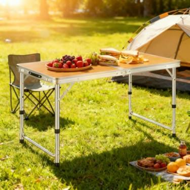 Imagem de Mesa Dobrável Portátil 120x60cm - Alumínio com Tampo MDF e Alça, Durável e Easy to Carry, Perfeita para Camping, Varanda ou Eventos ao Ar Livre (Madeira)