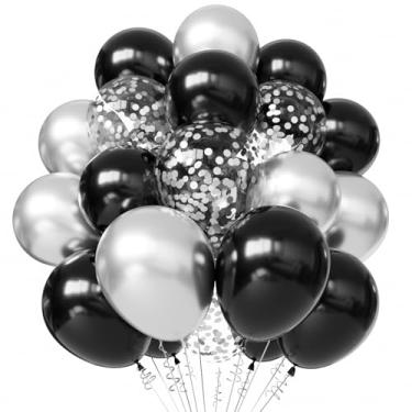 Imagem de Balões pretos e prateados, 50 peças de balões de confetes pretos e prateados de 30 cm para decoração de festa temática de ano novo, casamento, aniversário, formatura, festa