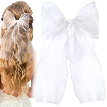 Imagem de Hzopcw Presilha de laço de fio de seda branca, presilha de laço de cabelo de noiva para mulheres, antiderrapante cauda longa presilhas francesas grandes acessórios de cabelo de casamento para cabelo