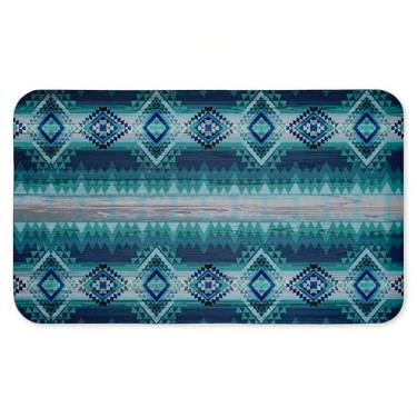 Imagem de Tapete geométrico antifadiga azul boho, tapete ergonômico acolchoado para cozinha e pé com suporte antiderrapante, tapete confortável ecológico, design por Jennifer Ellory, 76 cm x 45 cm