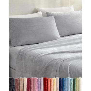 Imagem de Jogo de lençol king size de lã - Jogo de cama de flanela de veludo de 4 peças - Roupa de cama de lã super macia - 1 lençol de cima e 1 elástico e 2 fronhas - aconchegante, confortável e pelúcia