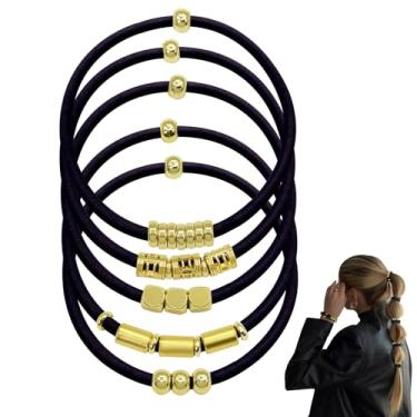 Imagem de SISYOUP Pulseira preta para mulheres, pacote com 5, lindos suportes elásticos de 3 mm de espessura, acessórios para cabelo grosso, sem danos, elásticos com contas de rabo de cavalo com contas douradas