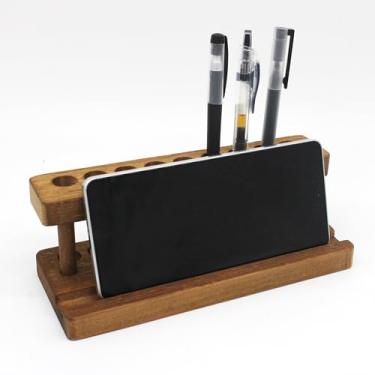 Imagem de VKSG Suporte de caneta de madeira para mesa, suporte de lápis sólido de nogueira com 9 compartimentos e suporte para celular, organizador de canetas estéticas para decoração minimalista de mesa de