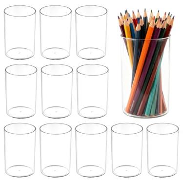 Imagem de IBEQUEM Pacote com 12 unidades, porta-canetas de acrílico transparente, porta-pincéis de maquiagem, organizador de lápis de mesa, copo de acrílico, papelaria, acessório para escola, maquiagem, mesa
