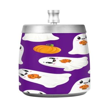 Imagem de Qilmy Cinzeiro de aço inoxidável Happy Halloween com tampa - Cinzeiro de cigarro à prova de vento sem cheiro sem fumaça para casa, escritório, carro, pátio, varanda (uso interno e externo)