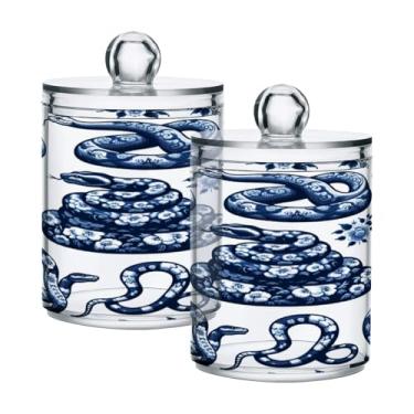 Imagem de Qilmy Suporte Qtip Blue White Snakes Pacote com 2, frascos de boticário de 400 ml, vasilha organizadora de banheiro para cotonetes, bolas de algodão, almofadas de maquiagem, fio dental, sais de banho