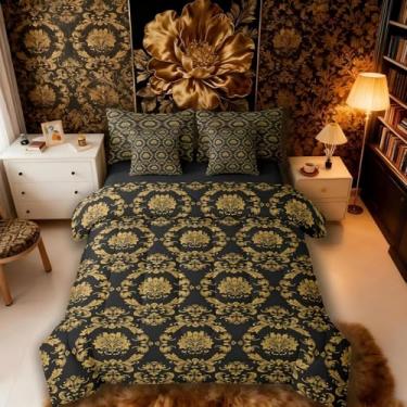 Imagem de Erosebridal Jogo de cama solteiro preto e dourado damasco com 7 peças, decoração vitoriana, gótica, floral, gótico, barroco, gótico, luxuoso, boêmio