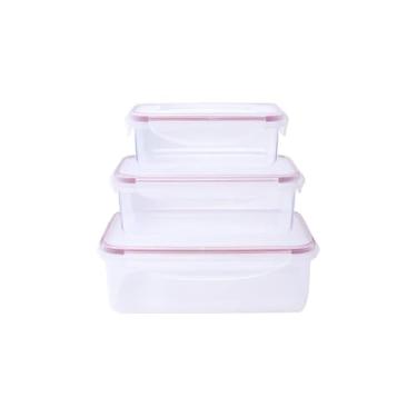 Imagem de Conjunto 3 Potes Herméticos Retangulares, Transparente com Branco, Plástico Polipropileno, 50ml 150ml 350ml, com Travas Laterais, Empilháveis