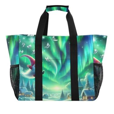 Imagem de ODAWA Bolsa de praia aberta durável para homens, grande bolsa de viagem impermeável, verde Aurora Gnomo fofo, Gnomo fofo Aurora verde, One Size
