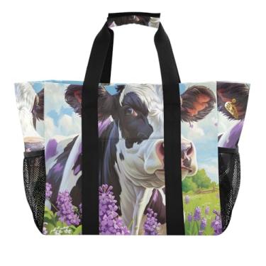 Imagem de ODAWA Bolsa de praia durável lavável com manchas pretas roxas para o verão, bolsa leve de verão para piscina, Vaca roxa manchas pretas, One Size