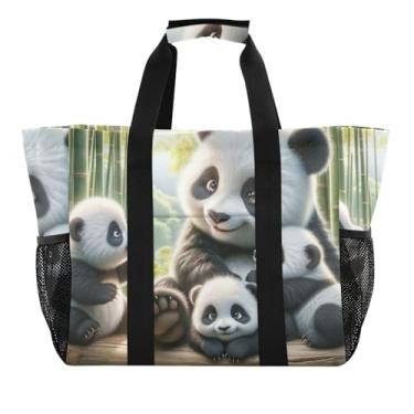 Imagem de ODAWA Bolsa de praia dobrável resistente à água da floresta Pandas para viagem, bolsa lavável com bolsos, Floresta Pandas Fofos, One Size