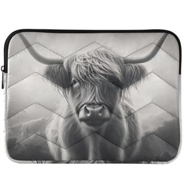 Imagem de Capa protetora de computador Highland Cow monocromática acolchoada para notebook capa protetora para computador universal de 13 a 14 polegadas