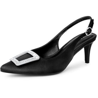 Imagem de Perphy Sandálias femininas de salto agulha de strass com fivela de cetim e bico fino, Preto, 37