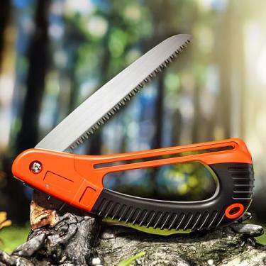 Imagem de Tesoura de poda dobrável com trava de segurança, tesoura de mão portátil durável para acampamento, jardinagem e corte de árvores, lâmina branca e laranja