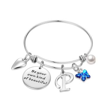 Imagem de Pulseiras com pingente inicial para mulheres joias presentes Be Your Own Kind of Beautiful Pulseira de borboleta expansível inspiradora de aço inoxidável letra A-Z presentes de aniversário e Natal