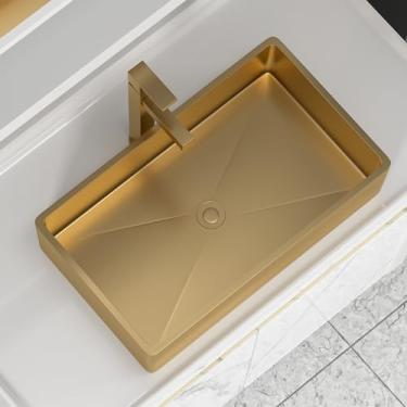 Imagem de Fulorni Pia de vaso de banheiro retangular de 61 cm x 35 cm - NANO-PVD em ouro escovado, calibre 16, aço inoxidável 304, retangular acima do balcão, lavatório de lavatório