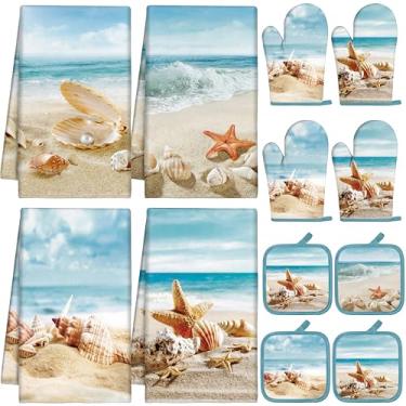 Imagem de SiliFine Conjunto de 12 peças de toalhas de cozinha de praia de verão, suportes de panela e luvas de forno, 4 toalhas de prato costeiras, 4 luvas de forno rústicas, 4 pegadores de panela de estrelas