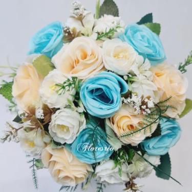 Imagem de Buquê de Noiva Artificial com Flores Coloridas para Casamento Civil ou Religioso(Botão azul claro/Branco/Creme)