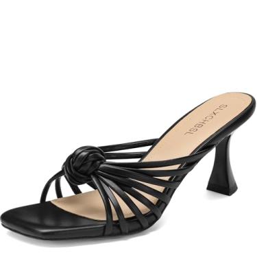 Imagem de SLXCHBSL Salto gatinho com tiras para mulheres, com nó quadrado, bico aberto, sandálias sem cadarço para festas, casamentos, feriados, Preto, 39