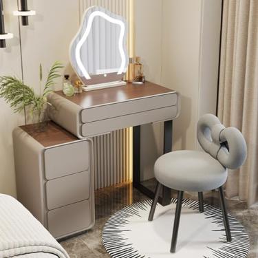 Imagem de Mesa de penteadeira moderna com espelho de luz LED, conjunto de mesa de maquiagem de madeira com gavetas e banqueta acolchoada, penteadeira que economiza espaço para quartos pequenos (cinza, 50 cm