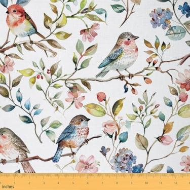 Imagem de Erosebridal Tecido de pássaro pardal por jarda, tecido de estofamento de folhas florais descoladas para cadeiras de sofá, pássaros arco-íris fofos animais para costura acolchoada, primavera verão