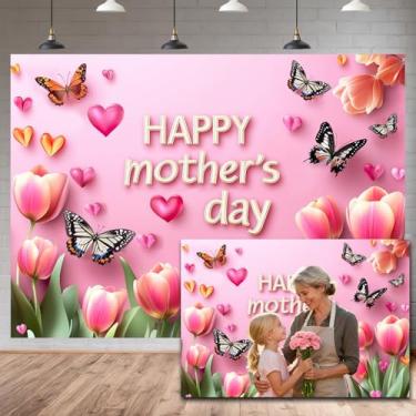 Imagem de Bnodjos Fundo de tulipa floral rosa feliz dia das mães com design de coração e borboleta, cenário fotográfico para decoração de festa do dia das mães, banner de brunch, suprimentos de pano de fundo de