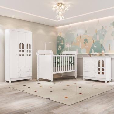 Imagem de Quarto Bebê Completo Berço Americano Marquesa 3Em1 Mirelle Guarda Roupa 3 Portas Cômoda Infantil 100% MDF