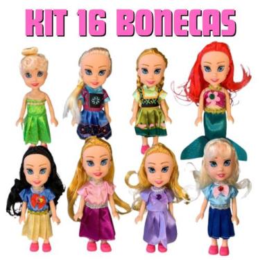 Imagem de Kit 16 Mini Princesas Da Disney Bonecas Infantil com Coroa Menina Cole
