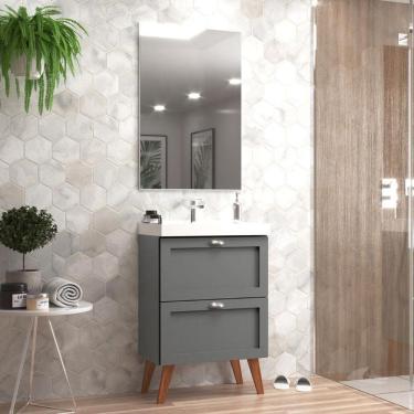 Imagem de Gabinete Para Banheiro Com Cuba E Espelho 60cm Retro Mdf Grafite Milano - On Móveis