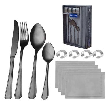 Imagem de Conjunto Faqueiro 24 Peças Lugar Americano Porta Guardanapo Victoria Black Fratelli Inox