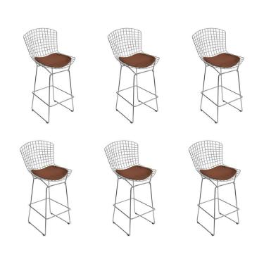 Imagem de Kit 6 Banquetas Bistrô Bertoia Cromada D60 Com Assento Sintético Marrom