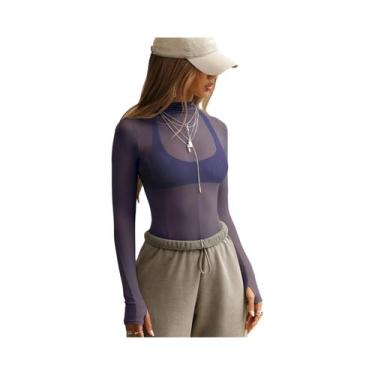Imagem de Camiseta Feminina Slim-Fit Em Malha Transparente Com Manga Longa E Gol