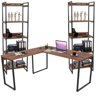 Imagem de Kit Mesa Para Escritório Em L Com 2 Estantes Nogal - BARROCARTE