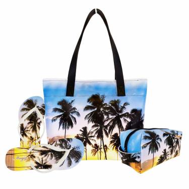 Imagem de Kit Praia Feminino Coqueiros com Bolsa, Necessaire e Chinelo, Magicc