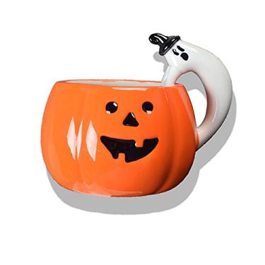 Imagem de ZaH Caneca de abóbora de Halloween, copo de cerâmica, festa de Halloween, sorriso de abóbora com alça de fantasma, caneca laranja de outono 293 ml (350 ml)