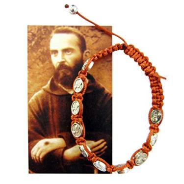Imagem de Pulseira ajustável de medalha devocional Saint Padre Pio com conjunto de presente de cartão de oração sagrada, Small, Metal